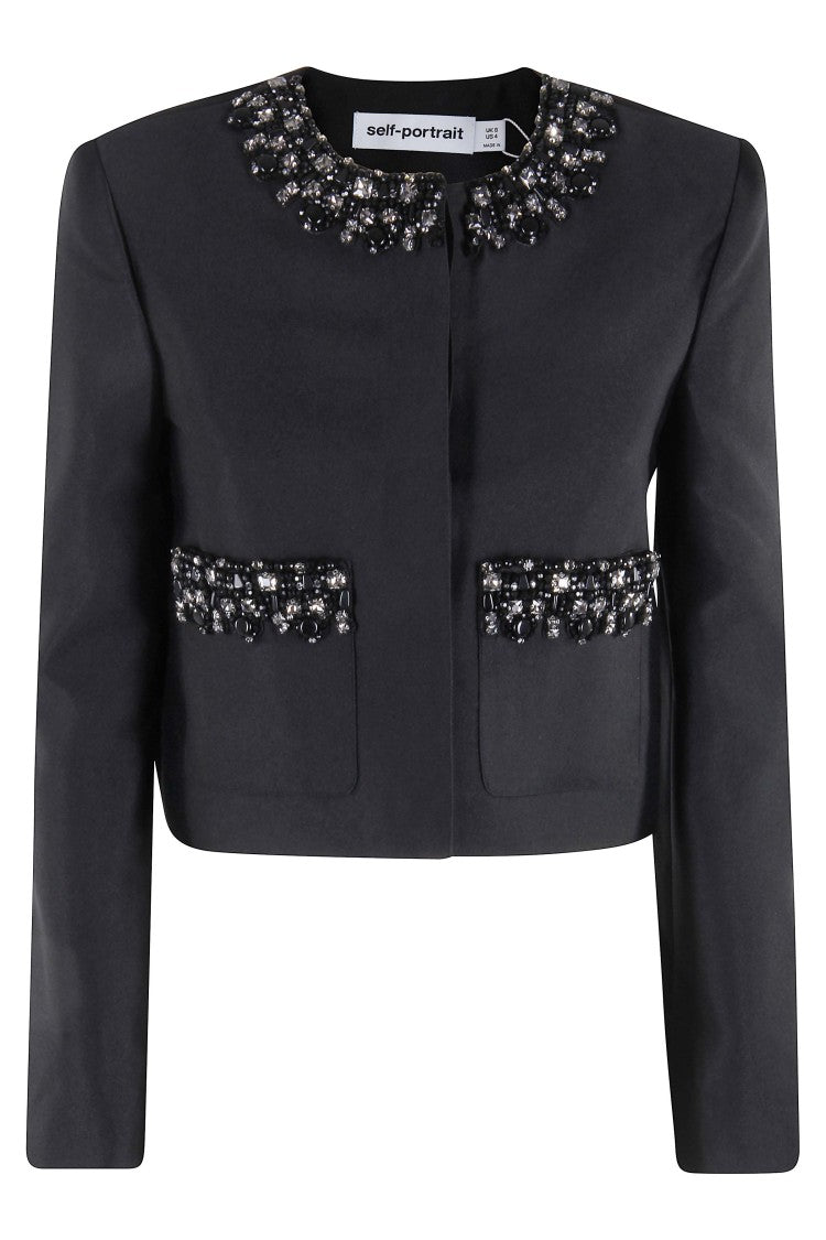 Self-Portrait Black Taffeta Embellished Trim Jacket