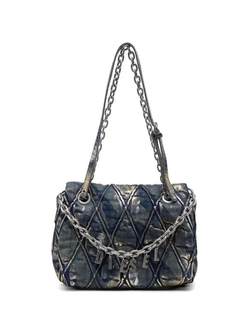 Diesel Quilted Metallic Handbag With Chain Detail And Padded Handle