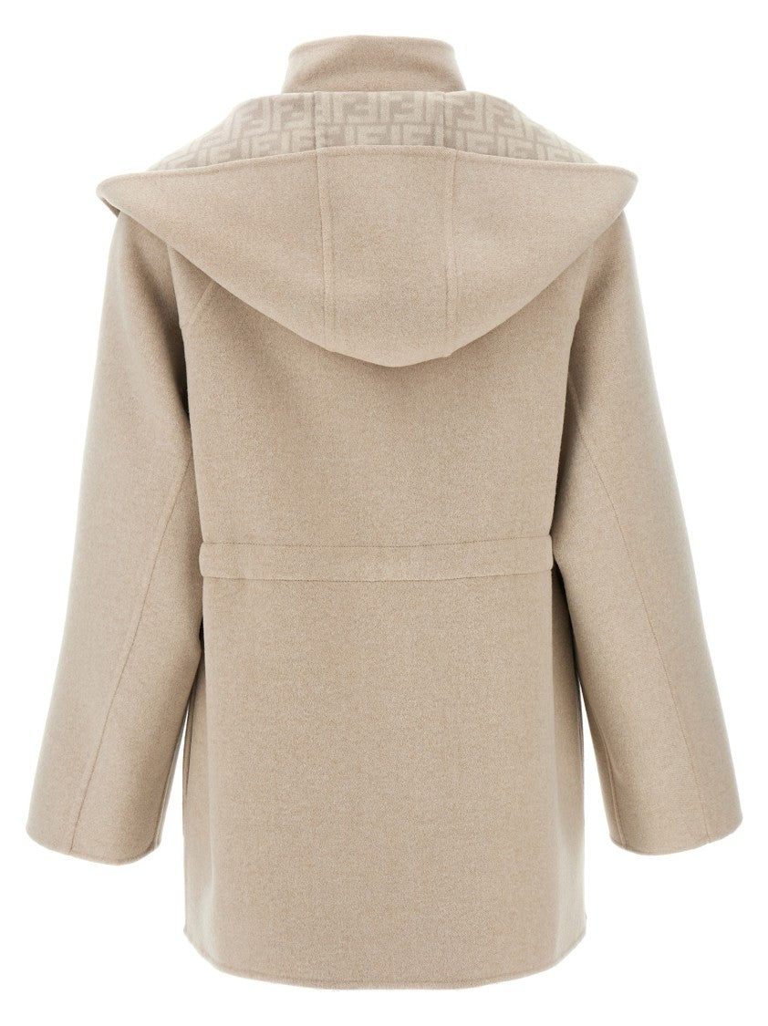Fendi Beige Wool Parka With Removable Stole And Ff Monogram