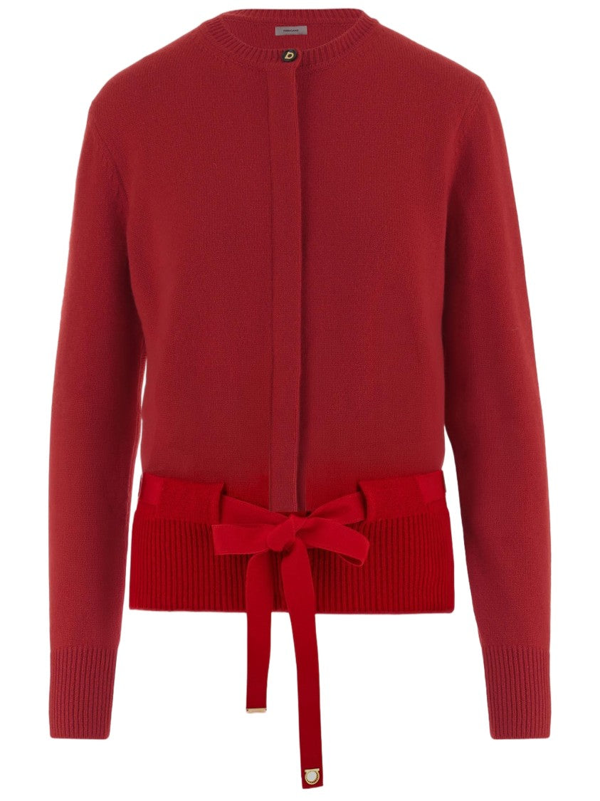 Salvatore Ferragamo Cashmere Cardigan With Hidden Button Closure And Grosgrain Belt