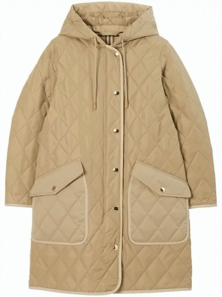 Burberry Quilted Long Padded Coat With Drawstring Hood And Flap Pockets