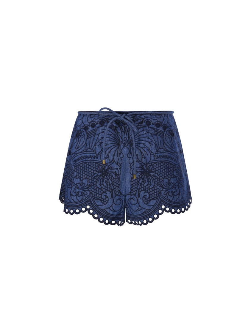 Zimmermann Coco Embroidered Denim Shorts With Scalloped Hemline