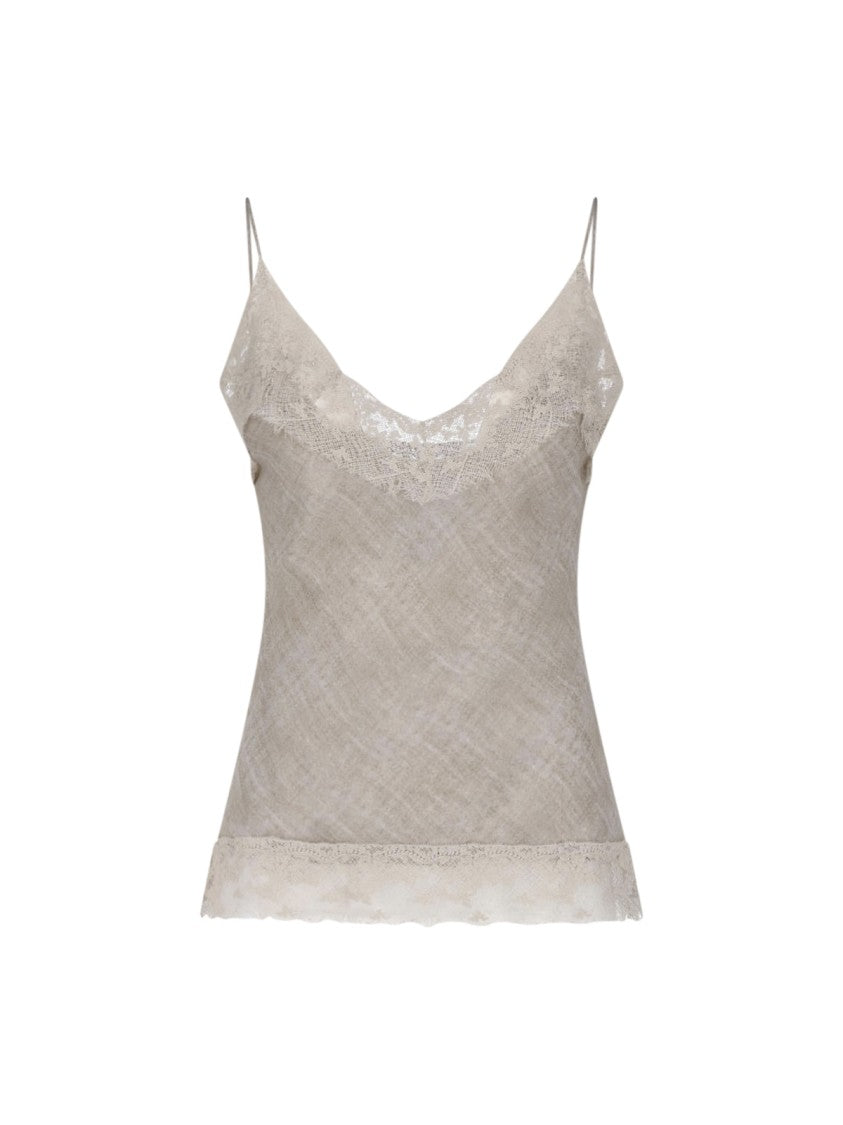 Ermanno Scervino Beige Lace-Trim Silk Tank Top