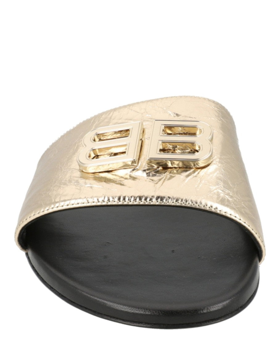 Balenciaga Minimalist Gold Sheepskin Flat Sandals With Signature Bb Logo