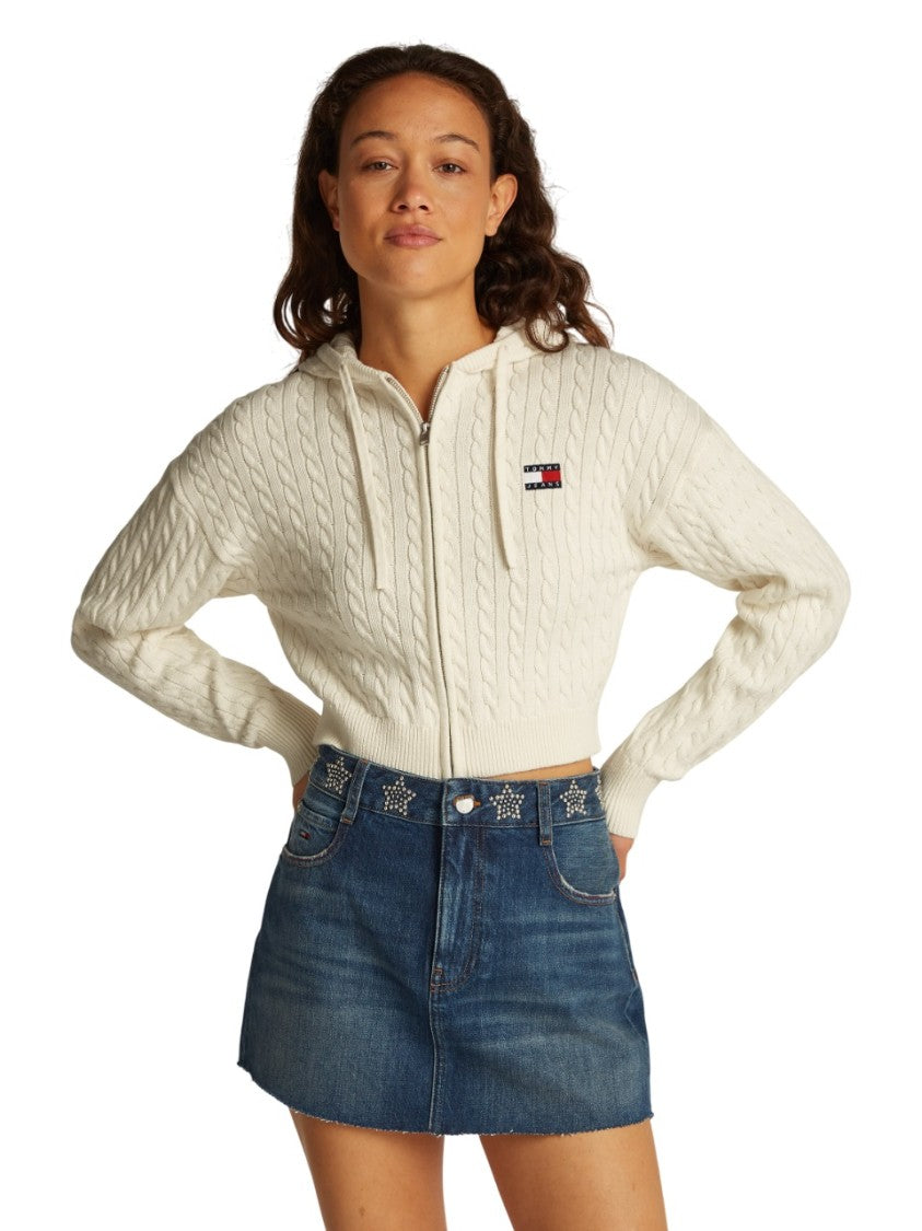 Tommy Jeans Full-Zip Cropped Hoodie With Textured Cable Knit