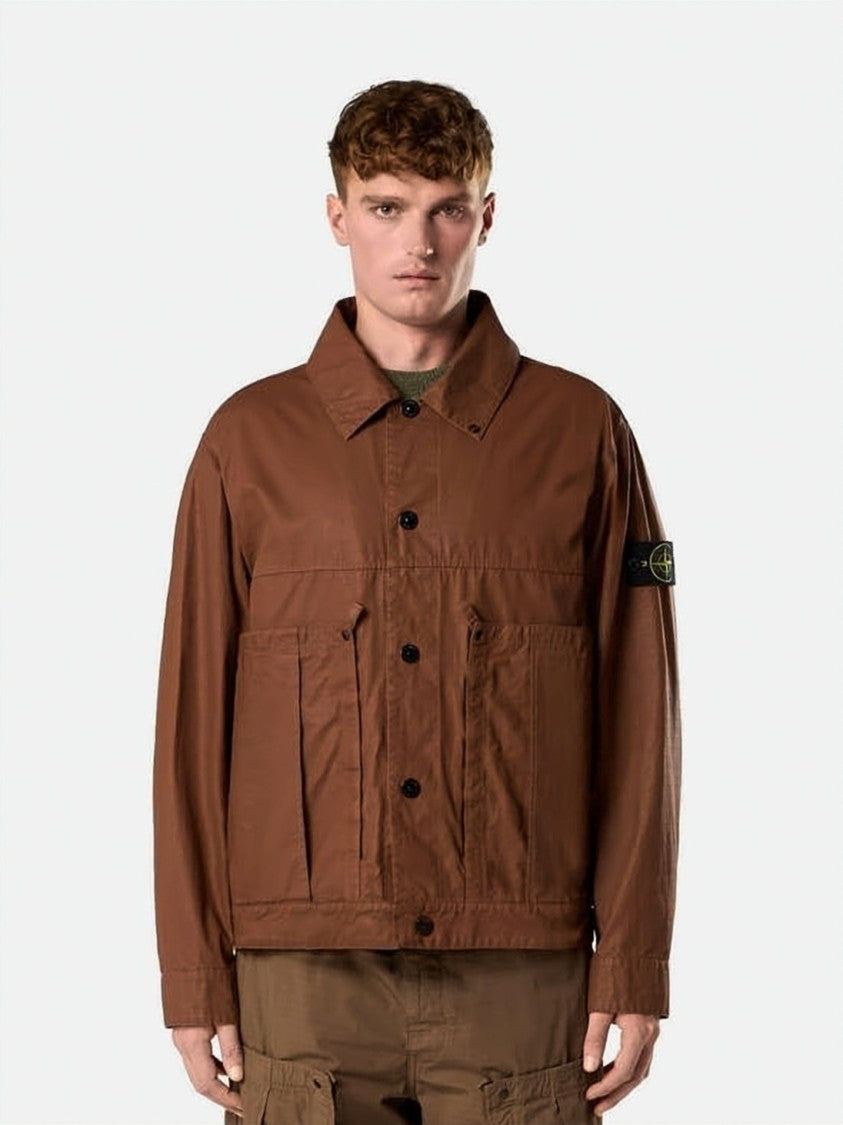 Stone Island Boxy Brown Jacket With Classic Collar And Utility Pockets