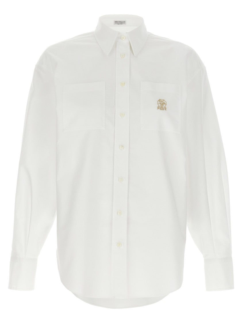 Brunello Cucinelli Classic White Oxford Shirt With Logo Embroidery
