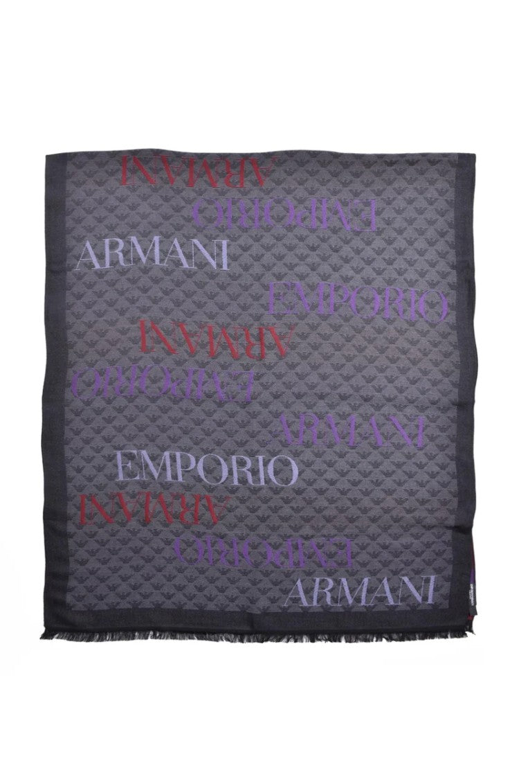 Emporio Armani Quilted Dark Grey Stole With Fringed Edges And Printed Accents