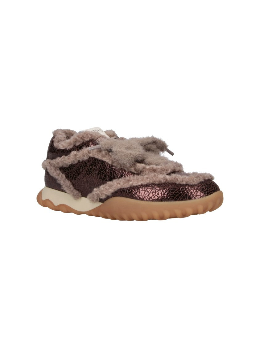 Pinko Brown Reby Shearling Calfskin Sneakers