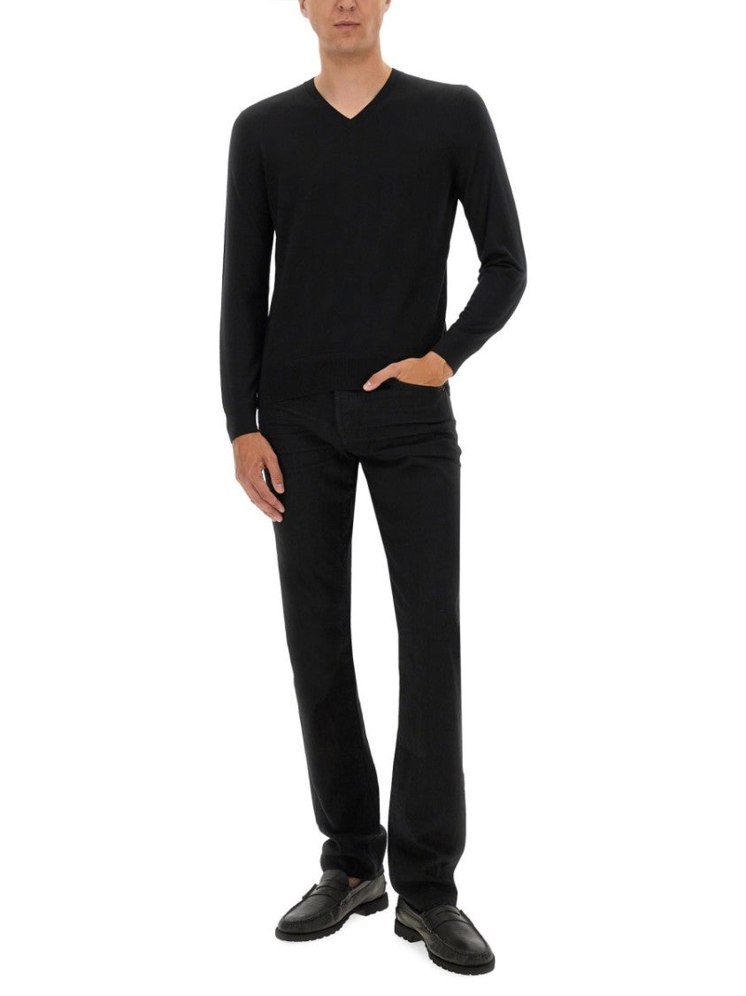 Tom Ford V-Neck Black Wool Jersey With Long Sleeves
