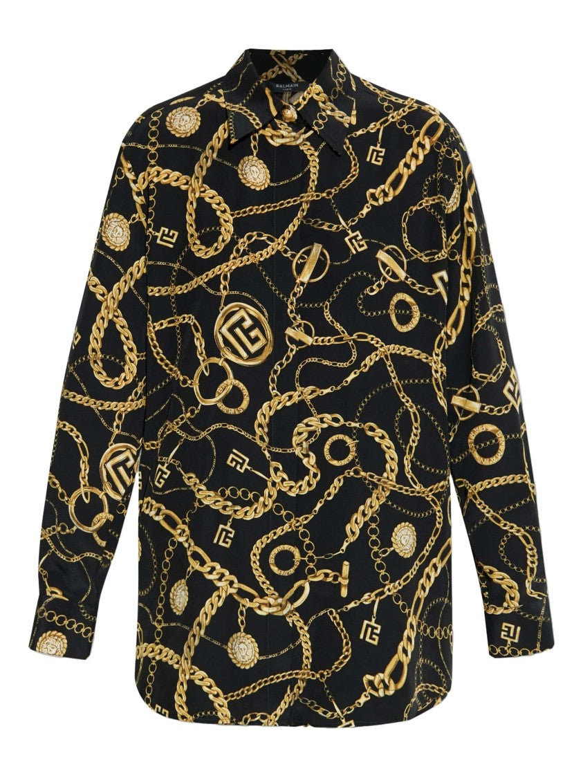 Balmain Black Ls Shirt Chain Print Silk Shirt