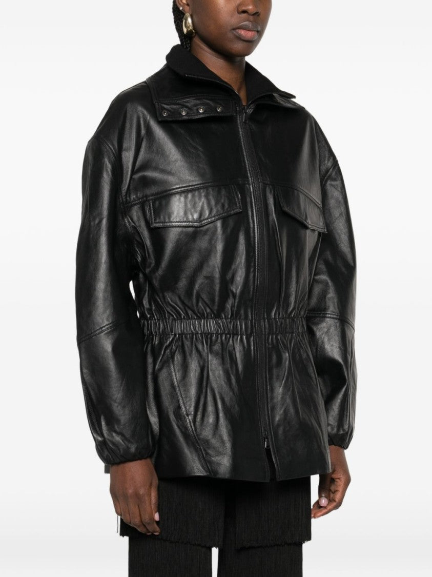 The Frankie Shop Black Popper Funnel Collar Leather Leather Jacket