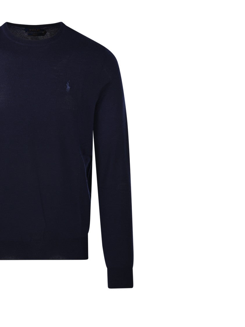 Polo Ralph Lauren Classic Black Wool Round Neck Sweater With Ribbed Cuffs