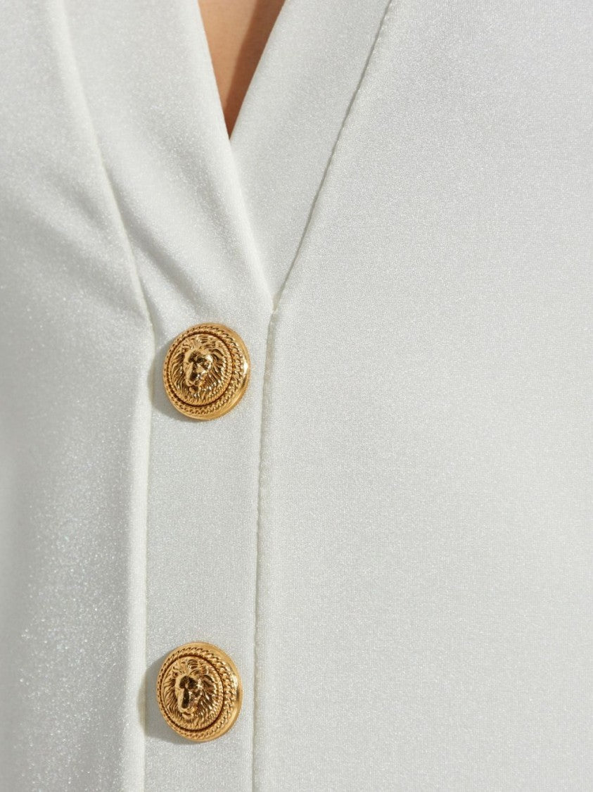 Balmain White One-Piece Swimsuit With Decorative Gold Buttons