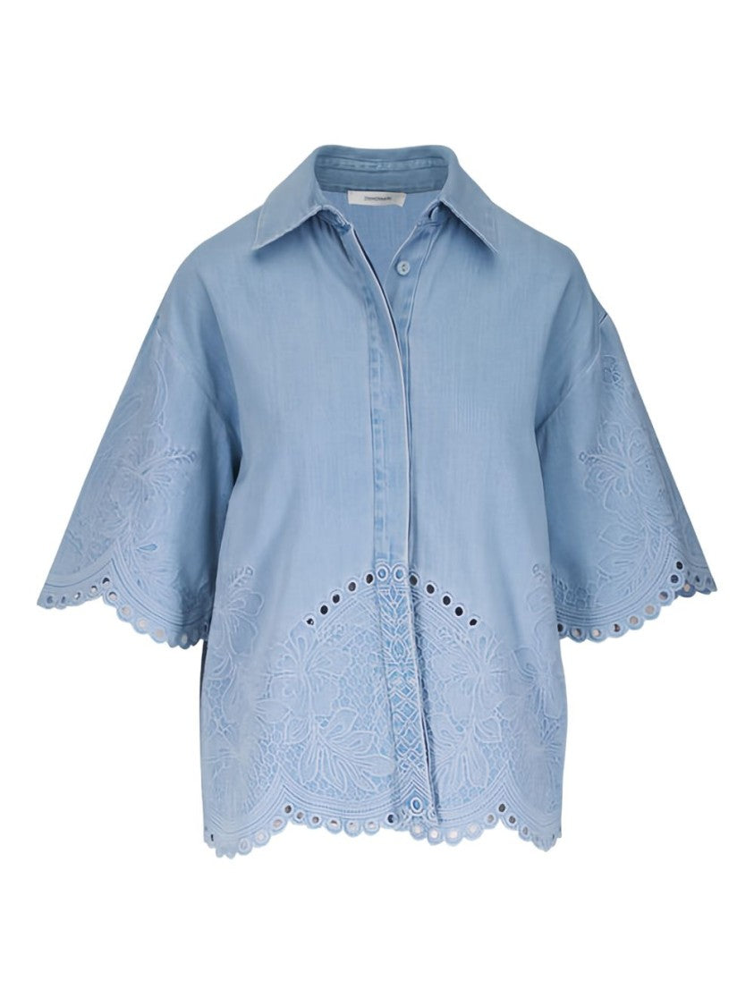 Zimmermann Light Blue Embroidered Shirt With Elbow-Length Sleeves