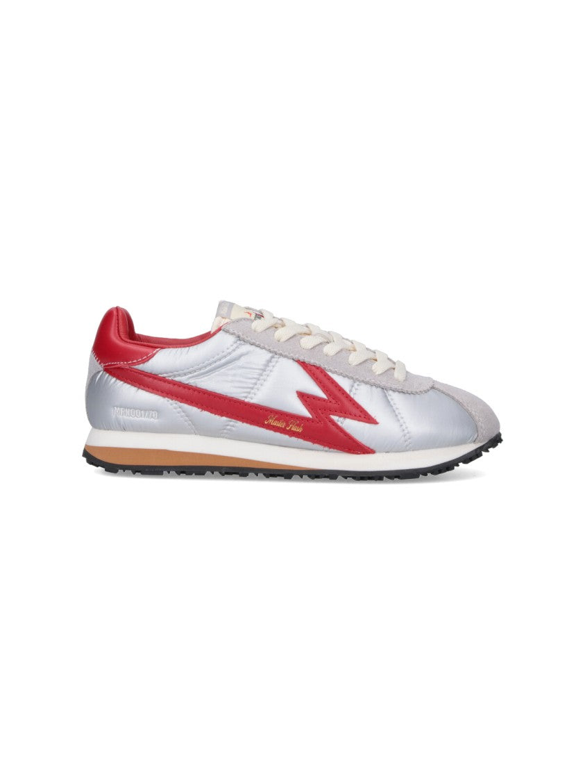 Master Of Arts Shiny Silver Sneakers With Bold Red Lightning Detailing