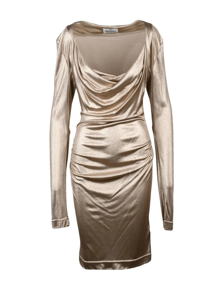 Vivienne Westwood Draped Cowl Neck Mini Dress With Gold Lamé Finish