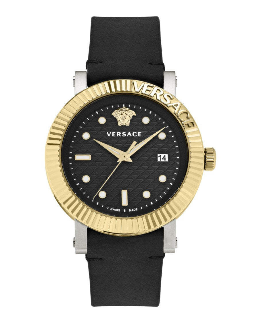 Versace Two-Tone Swiss Made Leather Watch With Guilloche Dial