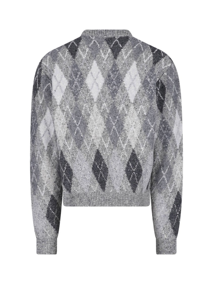 Erl Cropped Grey Argyle Knit Sweater With Ribbed Details