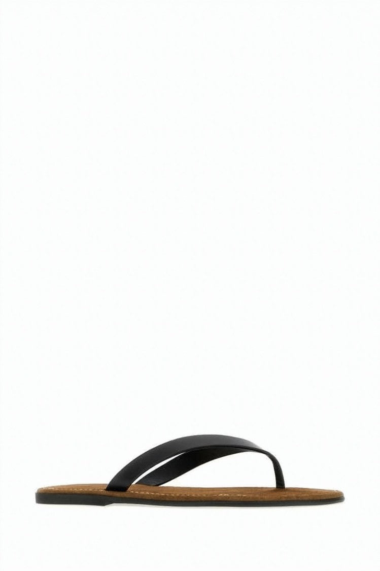 The Row Minimalist Black Calf Leather Flip-Flops With Brown Rubber Sole