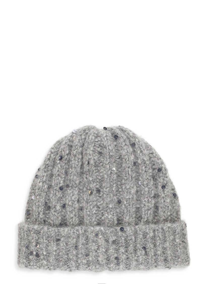 Panicale Grey Alpaca-Blend Paillettes Ribbed Beanie Hat
