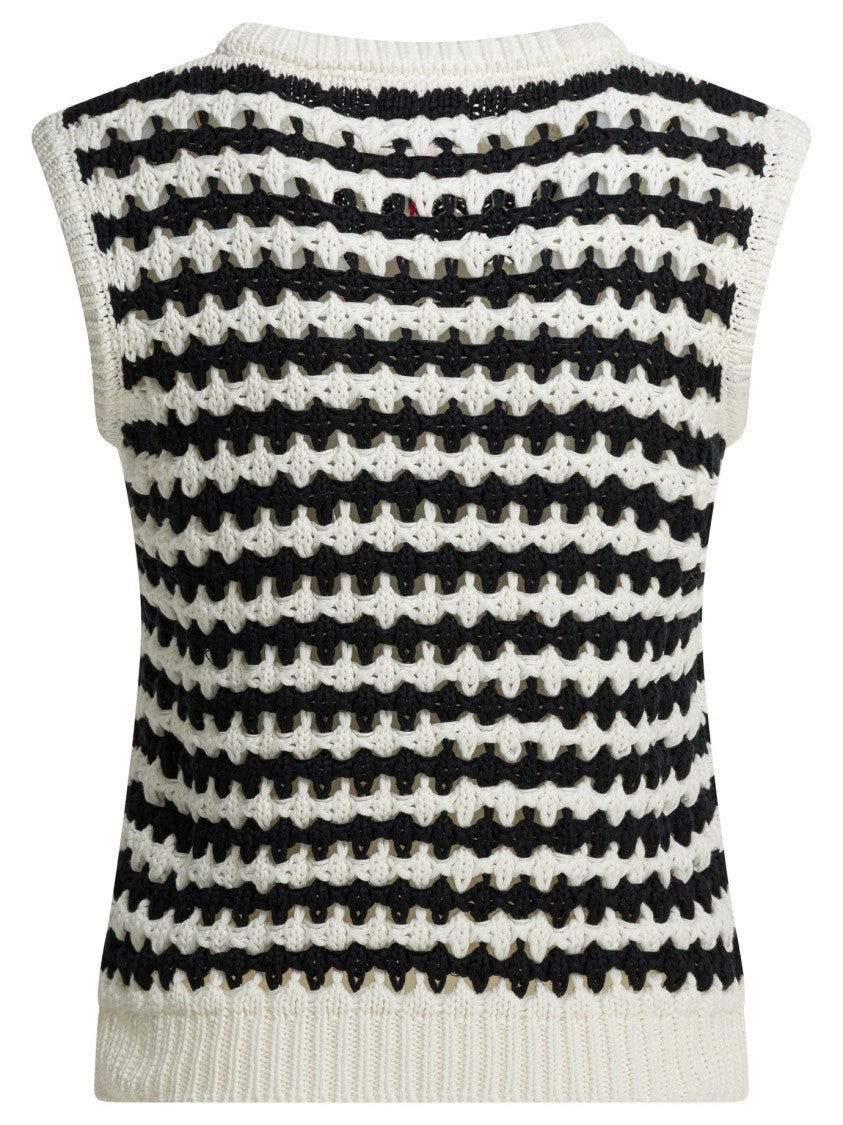 Ines De La Fressange Textured Knit Top With Alternating Stripes And Ribbed Edges