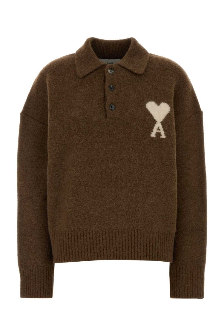 Ami Brown Stretch Alpaca Blend Polo Shirt