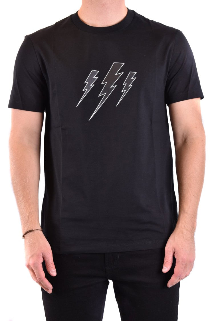 Neil Barrett Sleek Cotton T-Shirt With Bold Lightning Graphic Design
