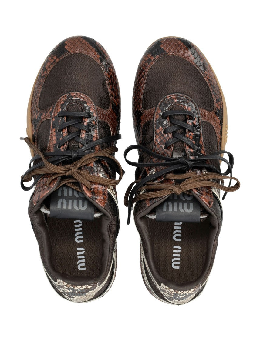 Miu Miu Gymnasium Sneakers In Technical Fabric And Python-Print Ayers Leather
