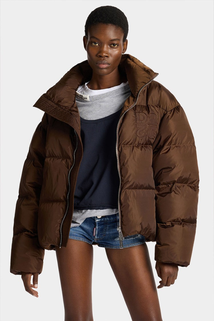 Dsquared2 Brown Polyester Logo-Embroidered Puffer Jacket