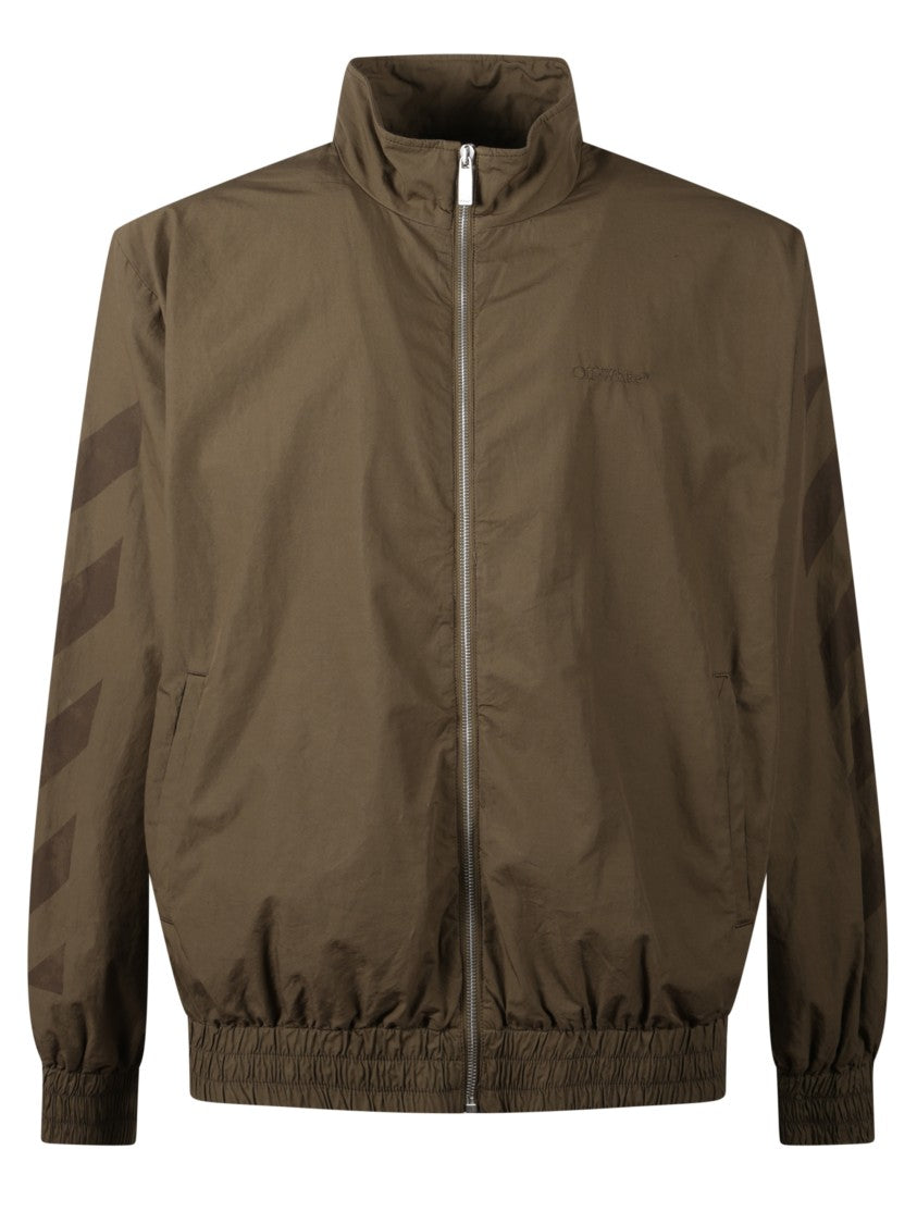 Off-White Brown Zip-Up Jacket With High Collar And Diagonal Stripe Accents