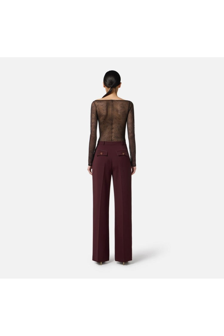 Elisabetta Franchi Burgundy High-Waist Pleated Polyester-Blend Formal Pants