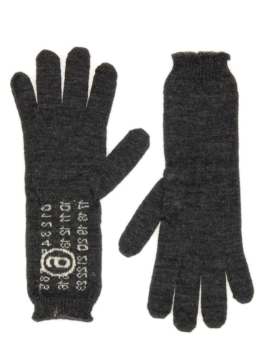 Mm6 By Maison Margiela Textured Grey Wool Gloves With Graphic Design