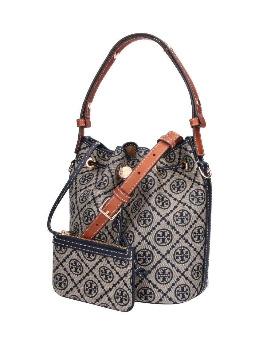 Tory Burch Blue T-Monogram Canvas Drawstring Bucket Bag
