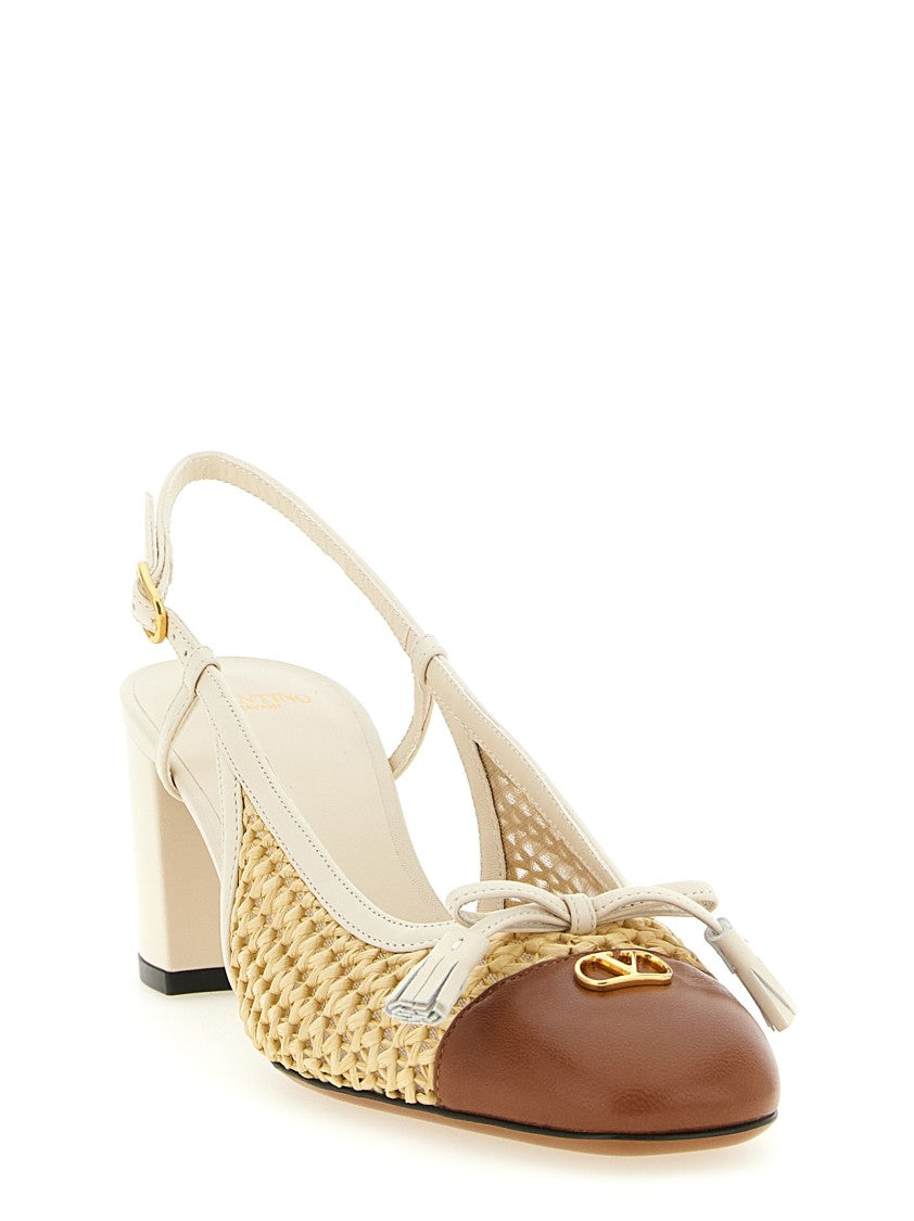 Valentino Garavani Woven Raffia Mesh Slingbacks With Metallic 'Vlogo Signature' And Adjustable Strap