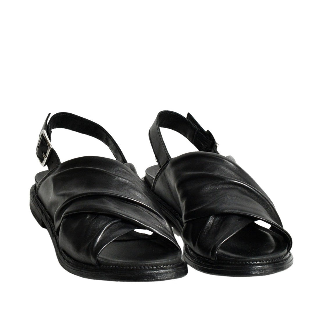 Dei Colli Crossed Strap Black Pleated Leather Sandals