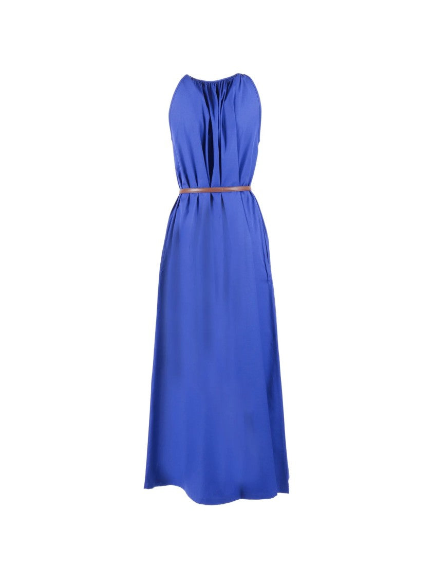Max Mara Blue Waist Belt Cotton Maxi Dress