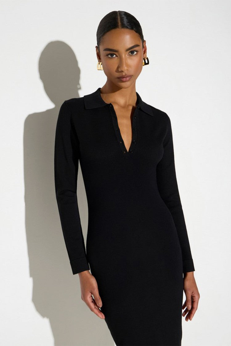 Elisabetta Franchi Black Viscose-Polyester Blend Point-Collar Polo Dress