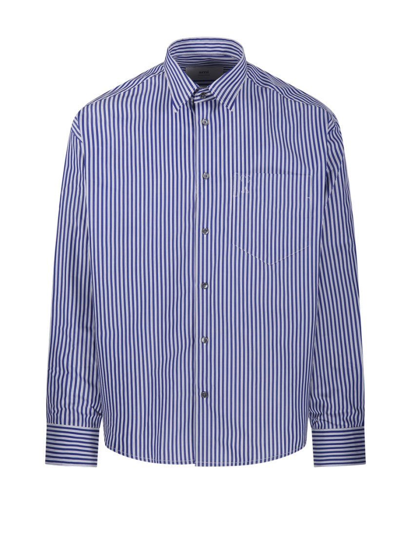 Ami Embossed Tonal Striped Shirt With Button-Down Collar