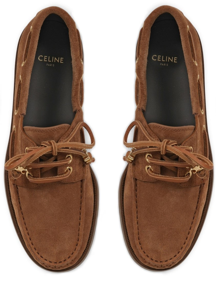 Celine Brown Calf Leather Moccasin Shoes With Decorative Lace