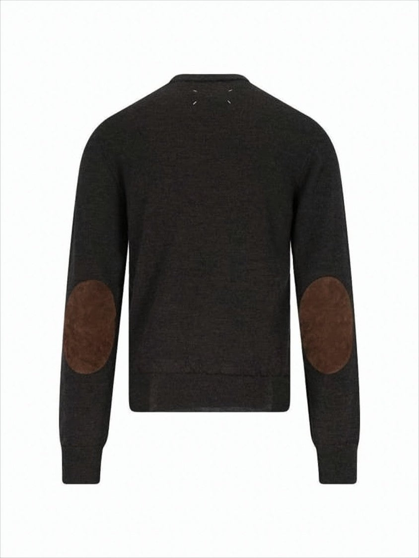 Maison Margiela Brown Wool Sweater With Suede Elbow Patches And Unique Stitch Detail