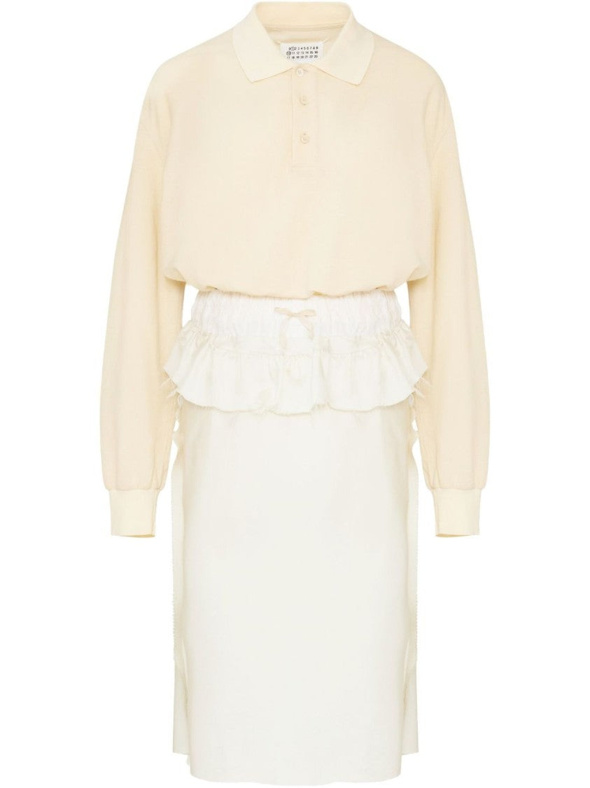 Maison Margiela White Midi Dress With Polo Collar And Gathered Waist