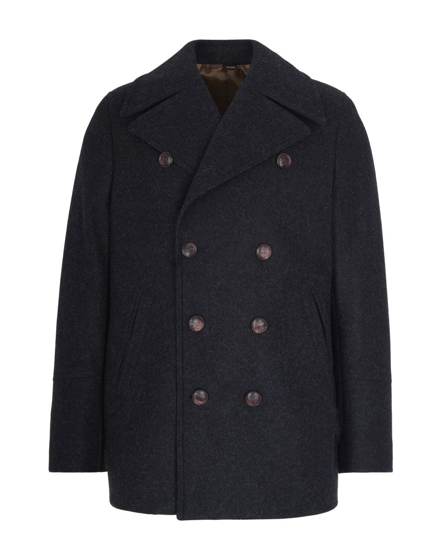 Suithomme Double-Breasted Black Wool Blend Coat With Large Notch Lapel