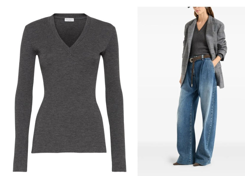 Brunello Cucinelli Fitted Long-Sleeve Sweater With Deep V-Neckline