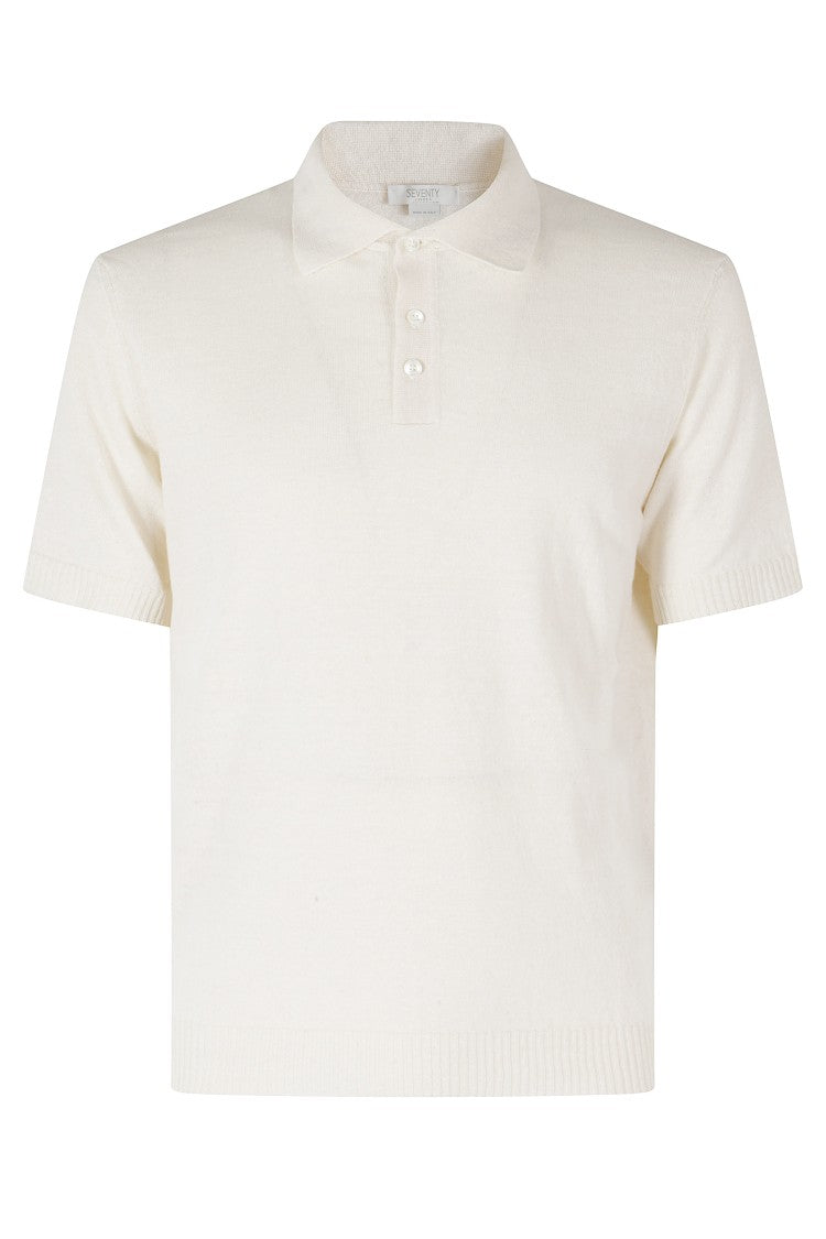 Seventy Cream Classic Short Sleeve Ribbed Trim Linen-Blend Polo Shirt