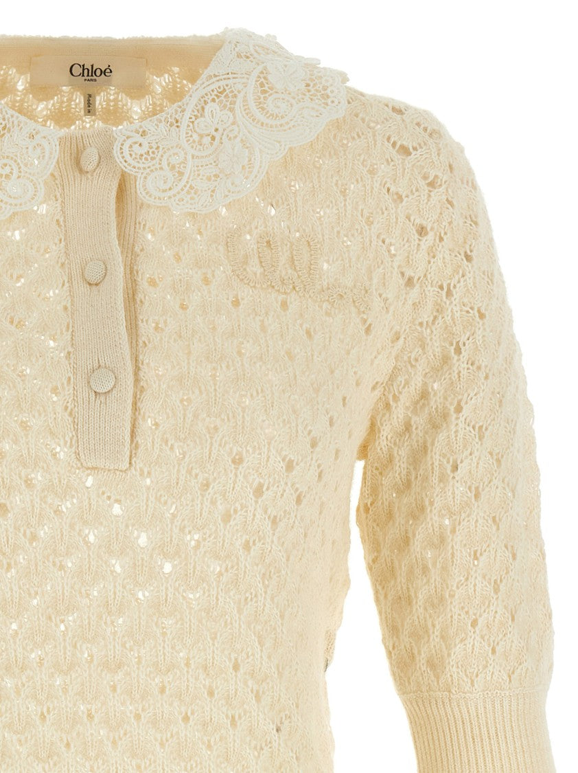 Chloé Pointelle Knit Sweater With Lace Collar