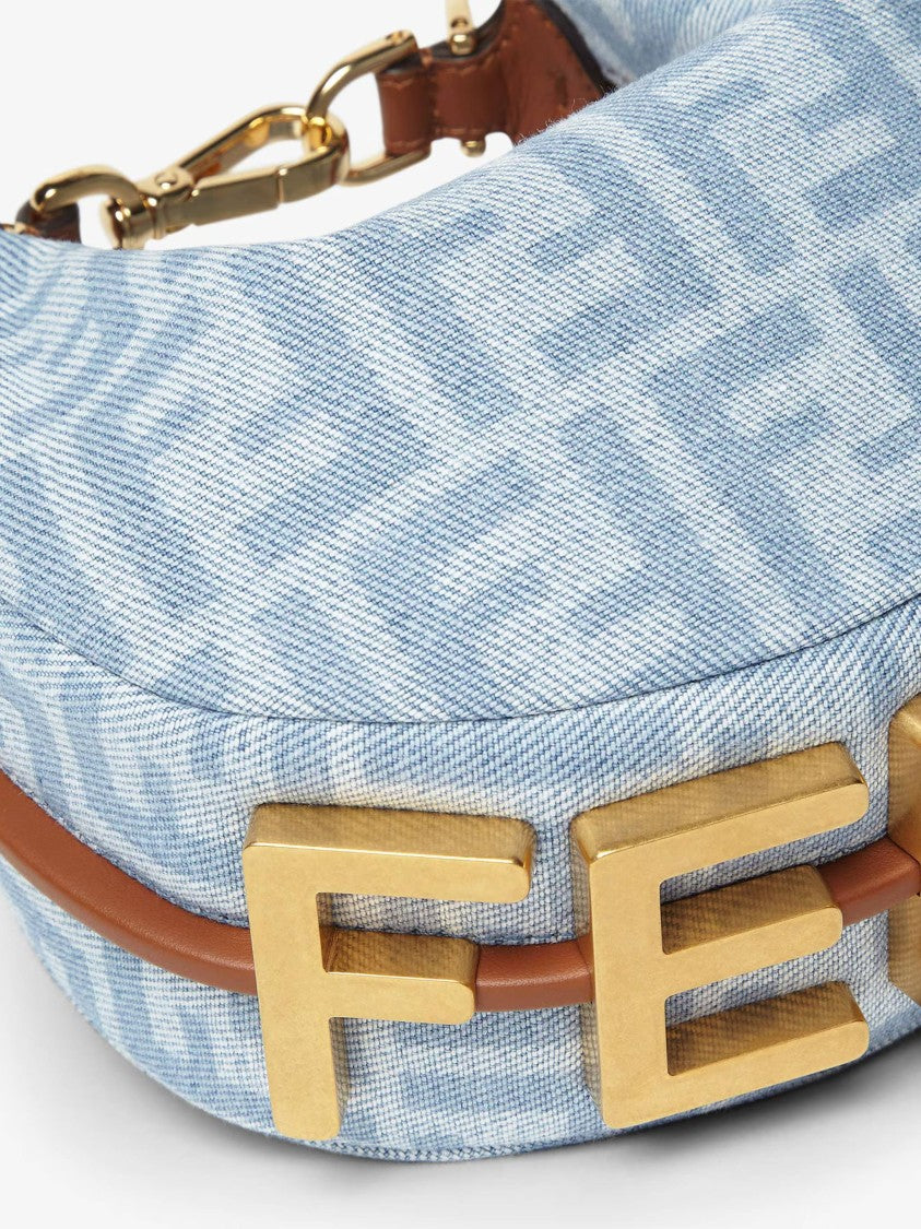 Fendi Crescent-Shaped Handbag With Light Blue Monogram And Gold Hardware