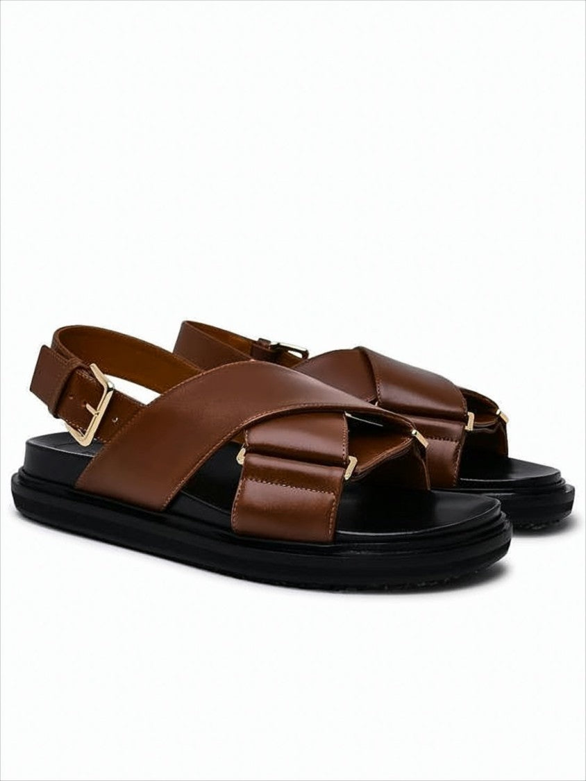 Marni Brown Leather Strap Sandals With Textured Rubber Sole