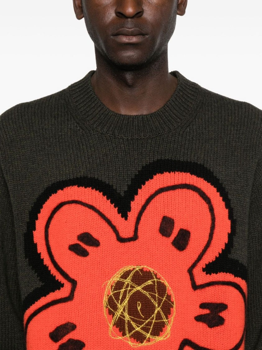 Kenzo Dark Green Wool Jumper With Bright Floral Embellishment