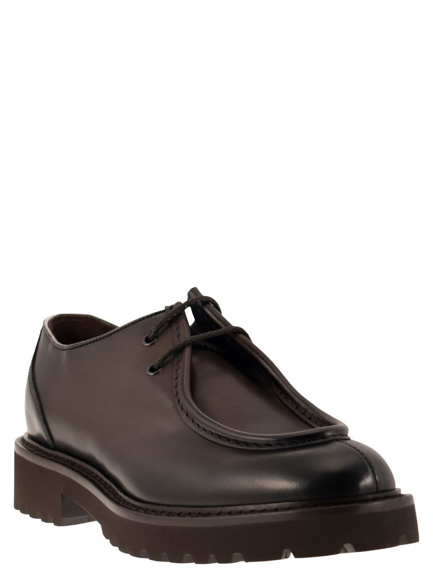 Doucal's Brown Leather Lace-Up Shoe With Embossed Tray Stitching